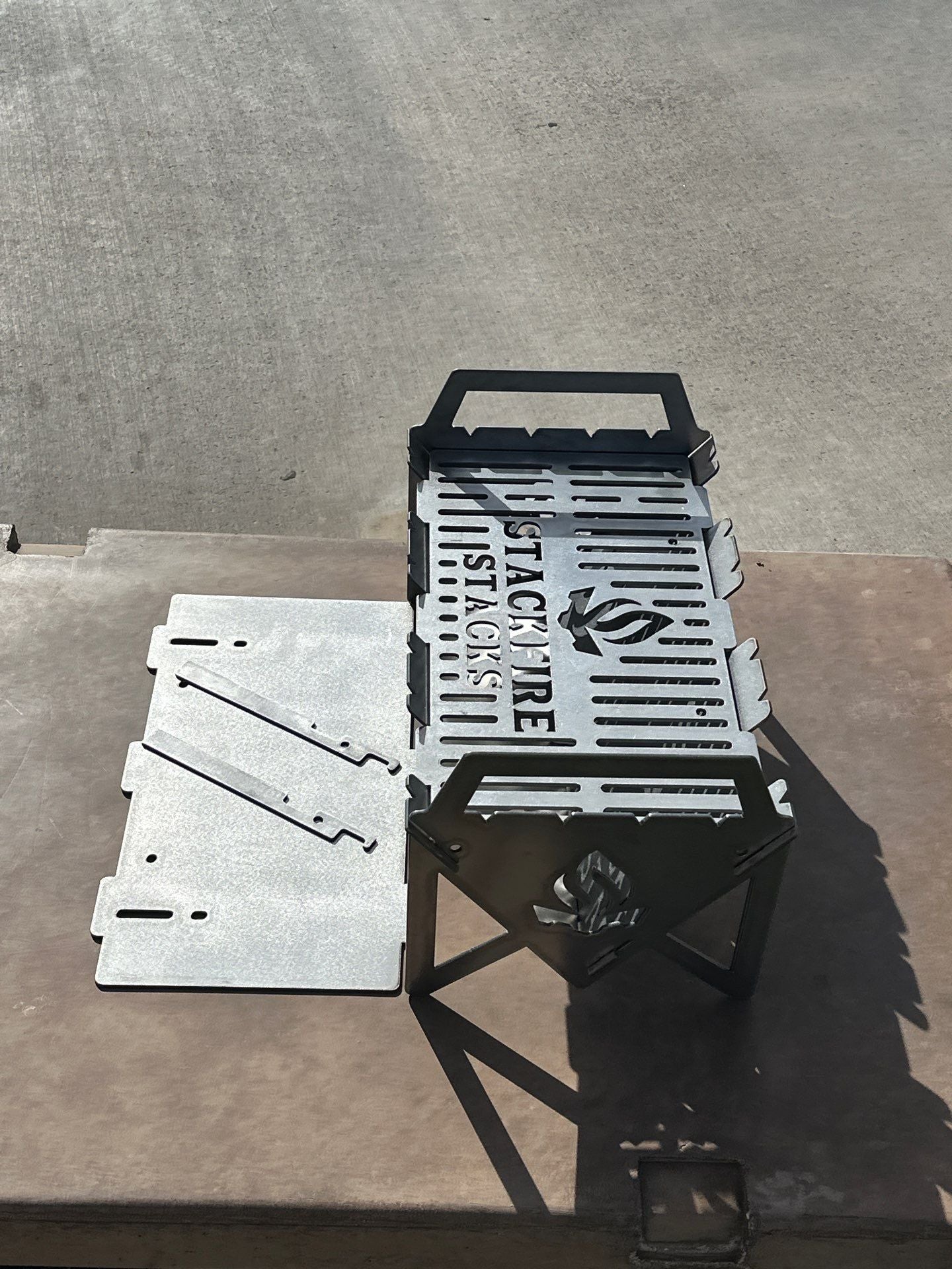 The Switch Grill Stack – a versatile grill stacker that converts into a BBQ grill stacker, charcoal grill stacker, and flame pit stack. Ideal for outdoor fire pit stack setups, portable fire pit stack cooking, and multipurpose grill pit stacks for camping or backyard use.