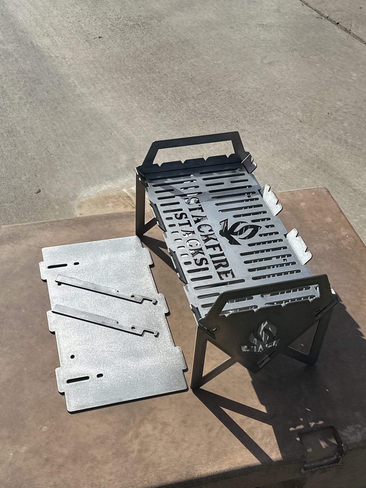 The Switch Grill Stack – a versatile grill stacker that converts into a BBQ grill stacker, charcoal grill stacker, and flame pit stack. Ideal for outdoor fire pit stack setups, portable fire pit stack cooking, and multipurpose grill pit stacks for camping or backyard use.