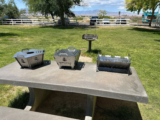 Group grilling setup using flat pack portable grill – friends cooking together on the HexFire StackFire grill