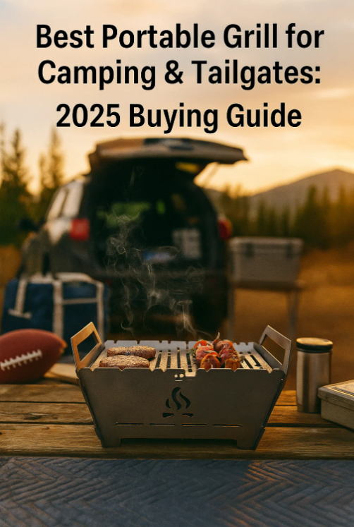 Modern portable grill on a wooden table with sizzling burgers and skewers, surrounded by camping and tailgate gear, parked SUV in background, sunset lighting — ideal for outdoor cooking, camping, and tailgating.