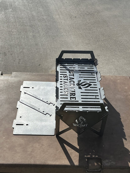 The Switch Grill Stack – a versatile grill stacker that converts into a BBQ grill stacker, charcoal grill stacker, and flame pit stack. Ideal for outdoor fire pit stack setups, portable fire pit stack cooking, and multipurpose grill pit stacks for camping or backyard use.