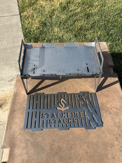 The Switch Grill Stack – a versatile grill stacker that converts into a BBQ grill stacker, charcoal grill stacker, and flame pit stack. Ideal for outdoor fire pit stack setups, portable fire pit stack cooking, and multipurpose grill pit stacks for camping or backyard use.